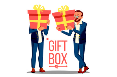 Business Man Holding Red Gift Box Vetor. Holidays Present Concept. Isolated Illustration