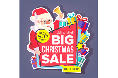 Christmas Big Sale Sticker Vector. Santa Claus. Black Friday Winter Bright Design. Promo Icon. Price Tag Label. Isolated Illustration