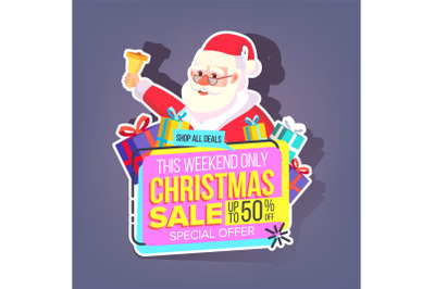 Christmas Sale Sticker Vector. Santa Claus. Shopping. Black Friday Holiday Half Price Colorful Stickers. Buy Label. Isolated Illustration