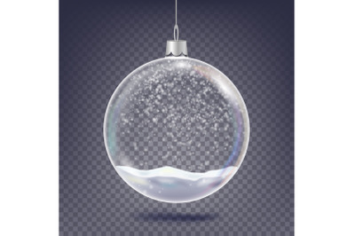 Christmas Ball Vector. Classic Xmas Tree Glass Decoration Element. Shining Snow, Snowflake. 3D Realistic. Isolated On Transparent Background Illustration