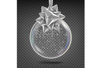 Transparent Christmas Ball Vector. Shiny Glass Xmas Tree Toy With Snowflake And Silver Bow. New Year Holidays Decoration Element. 3D Realistic. Isolated On Transparent Background Illustration