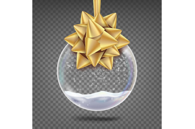 Glass Christmas Ball Vector. Realistic Sphere. Shiny Xmas Tree Toy With Snowflake And Golden Bow. Isolated On Transparent Background Illustration