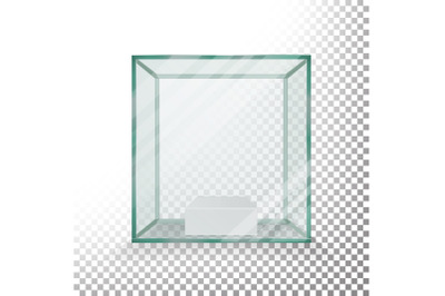 Empty Transparent Glass Box Cube Vector. Realistic Cube. Glass Showcase.