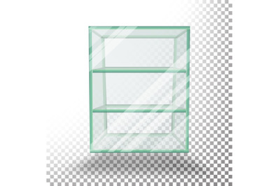 Empty Transparent Glass Box Cube Vector. 3D Realistic Glass Showcase With Shelves.