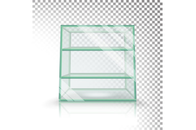 Empty Transparent Glass Box Cube Vector. 3D Realistic Glass Showcase With Shelves.