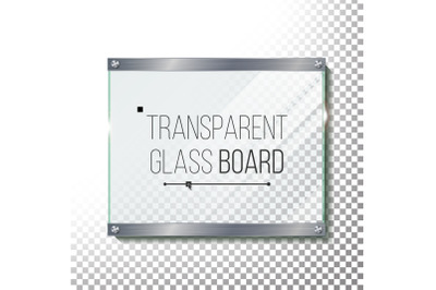 Transparent Glass Plate Mock Up Vector. Plastic Glossy Panel With Reflection, Shadow. Realistic Frame With Steel Rivets. Realistic Isolated Illustration