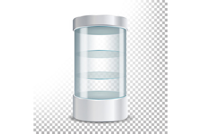 Empty Glass Showcase Vector. Realistic Round Showcase For Exhibit With Shelves.Shop Expo Cylinder. Illustration Isolated On Transparent Background