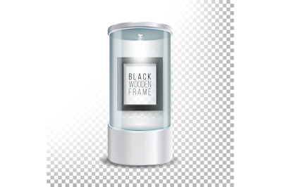 Transparent Glass Museum Showcase Podium With Dark Wooden Picture Frame Template, Spotlight And Sparks. Mock Up Capsule Box For Exhibit And Display Your Product. Vector Transparent Illustration