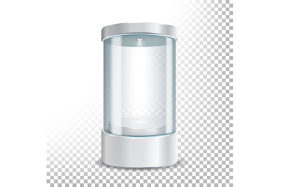 Round Empty Glass Showcase Podium With Spotlight And Sparks. Blank For Exhibit With A Pedestal. Vector Realistic Illustration. Transparent Background