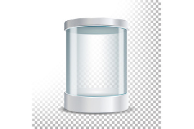 Transparent Glass Museum Showcase Podium. Mock Up Capsule Box, Object In Form Cylinder For Exhibition. Vector Realistic Illustration