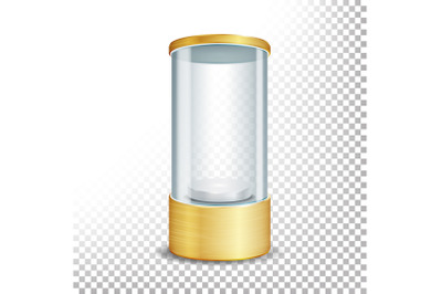 Empty Glass Showcase Podium With Spotlight And Sparks. Round Gold Blank For Exhibit And Display Your Product. Vector Realistic Illustration. Transparent Background