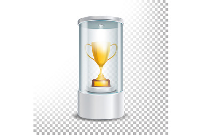 Transparent Glass Museum Showcase Podium With Golden Cup, Spotlight And Sparks. Mock Up Capsule Box For Award Ceremonies. Vector Illustration