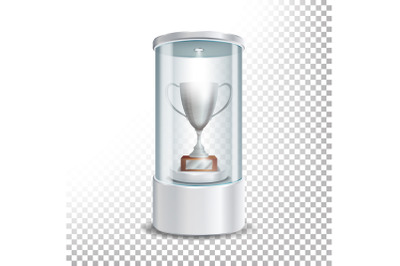 Transparent Glass Museum Showcase Podium With Silver Cup, Spotlight And Sparks. Mock Up Capsule Box For Award Ceremonies. Vector Illustration