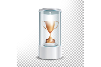 Transparent Glass Museum Showcase Podium With Bronze Cup, Spotlight And Sparks. Mock Up Capsule Box For Award Ceremonies. Vector Illustration