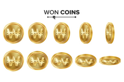 Won 3D Gold Coins Vector Set. Realistic Illustration. Flip Different Angles. Money Front Side. Investment Concept. Finance Coin Icons, Sign, Success Banking Cash Symbol. Currency Isolated On White