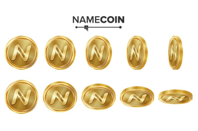 Namecoin 3D Gold Coins Vector Set. Realistic. Flip Different Angles. Digital Currency Money. Investment Concept. Cryptography Finance Coin Icons, Sign. Fintech Blockchain. Currency Isolated On White