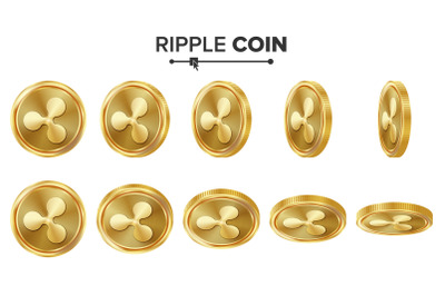 Ripple Coin 3D Gold Coins Vector Set. Realistic. Flip Different Angles. Digital Currency Money. Investment Concept. Cryptography Finance Coin Icons Sign. Fintech Blockchain. Currency Isolated On White