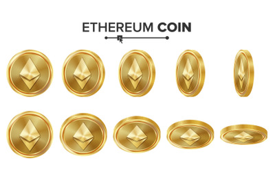 Ethereum Coin 3D Gold Coins Vector Set. Realistic. Flip Different Angles. Digital Currency Money. Investment Concept. Cryptography Coin Icons, Sign. Fintech Blockchain. Currency Isolated On White