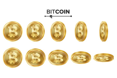 Bitcoin 3D Gold Coins Vector Set. Realistic. Flip Different Angles. Digital Currency Money. Investment Concept. Cryptography Finance Coin Icons, Sign. Fintech Blockchain. Currency Isolated On White