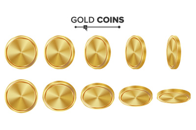 Empty Gold Coins Vector Set. Realistic Template Illustration. Flip Different Angles. Blank Money Front Side. Investment Concept. Finance Coin Icon, Sign, Success Banking Cash Symbol. Currency Isolated