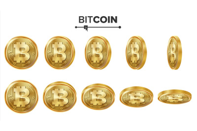 Bitcoin 3D Gold Coins Vector Set. Realistic. Flip Different Angles. Digital Currency Money. Cryptography Finance Coin Icons, Sign. Currency Isolated On White