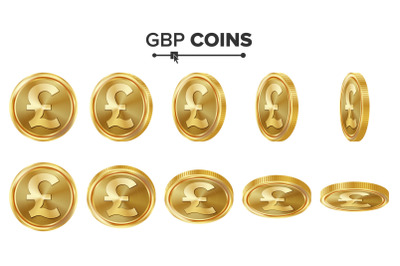 GBP 3D Gold Coins Vector Set. Realistic Illustration. Flip Different Angles. Money Front Side. Investment Concept. Finance Coin Icons, Sign, Success Banking Cash Symbol. Currency Isolated On White