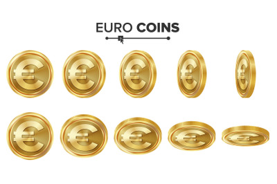 Euro 3D Gold Coins Vector Set. Realistic Illustration. Flip Different Angles. Money Front Side. Investment Concept. Finance Coin Icons, Sign, Success Banking Cash Symbol. Currency Isolated On White