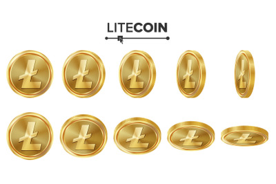 Litecoin 3D Gold Coins Vector Set. Realistic. Flip Different Angles. Digital Currency Money. Investment Concept. Cryptography Finance Coin Icons, Sign. Fintech Blockchain. Currency Isolated On White