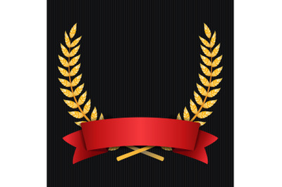 Gold Laurel Vector. Shine Wreath Award Design. Red Ribbon. Place For Text