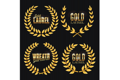 Gold Laurel Vector. Set Shine Wreath Award Design. Place For Text