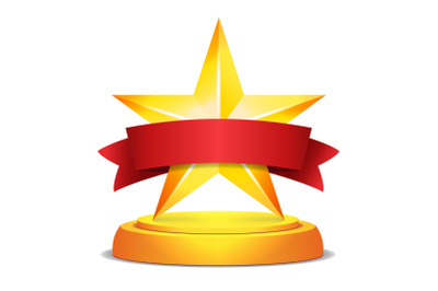 Gold Star Award. Red Ribbon With Place For Text. Vector Illustration. Modern Trophy, Challenge Prize. Beautiful Shiny Label Design. Isolated