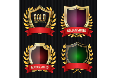 Golden Shield Set With Laurel Wreath And Red Ribbon. Vector Illustration