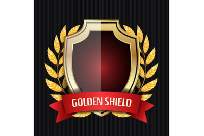 Golden Shield With Laurel Wreath And Red Ribbon. Vector Illustration