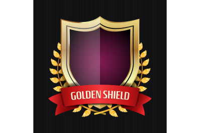 Golden Shield With Laurel Wreath And Red Ribbon