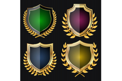 Golden Shield Set With Laurel Wreath. Vector