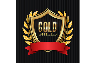 Golden Shield With Laurel Wreath And Red Ribbon. Vector Illustration