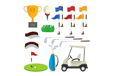 Golf Icons Set Vector. Golf Accessories. Cup, Flag, Grass, Cap, Stick, Bag, Car. Isolated Flat Cartoon Illustration