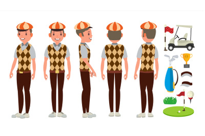 Golf Player Vector. Playing Golfer Male. Different Poses. Isolated Flat Cartoon Character Illustration