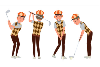 Classic Golf Player Vector. Swing Shot On Course. Diferent Poses. Flat Cartoon Illustration