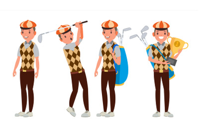 Professional Golf Player Vector. Playing Golfer Male. Different Poses. Isolated On White Cartoon Character Illustration