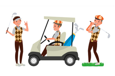 Golf Player Male Vector. Hitting Golf Ball. Playing Man. Different Poses. Cartoon Character Illustration