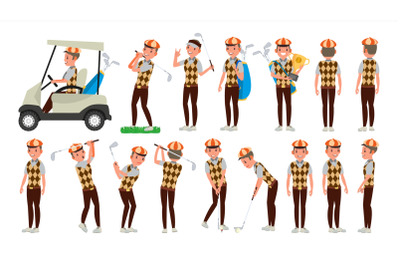 Classic Golf Player Vector. Swing Shot On Course. Diferent Poses. Flat Cartoon Illustration