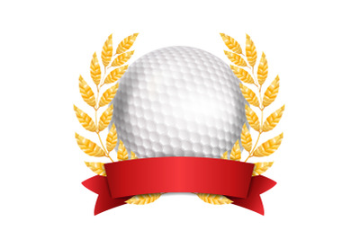 Golf Award Vector. Sport Banner Background. White Ball&2C; Red Ribbon&2C; Laurel Wreath. 3D Realistic Isolated Illustration