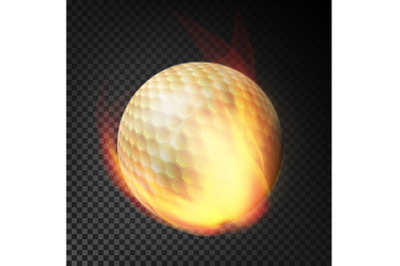 Flaming Realistic Golf Ball On Fire Flying Through The Air. Burning Ball On Transparent Background