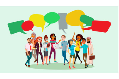 People Group Chat Vector. Businesspeople Discussing. Brainstorming. Talking Communication. Speech Bubbles. Illustration