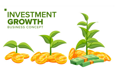 Business Growth Concept Vector. Plant From Money. Gold Coins. Success Company. Isolated Flat Cartoon Illustration