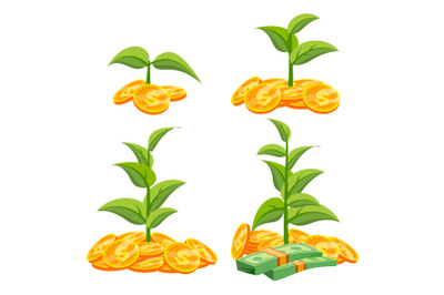 Startup Growth Concept Vector. Tree Growing On A Golden Coins. Growth Funds Economy Concept. Success Project. Isolated Flat Cartoon Illustration