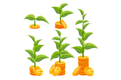 Business Growth Concept Vector. Creativity Investment Growth. Gold Coins And Plant. Corporate Social Responsibility Tree. Success Project. Isolated Flat Cartoon Illustration