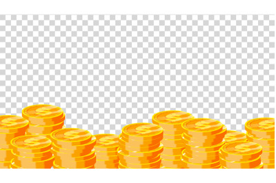 Coins Vector. Gold Dollar Coins. Finance Heap, Dollar Coin Pile. Golden Money. Isolated On Transparent Background Flat Illustration