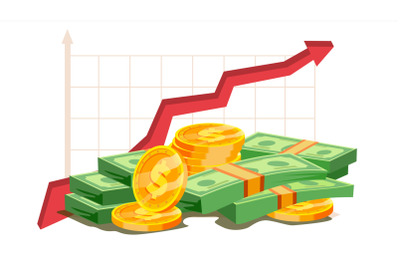 Pile Of Cash Vector. Red Rising Graph Concept. Business Growth. Investment Banking Financial Success. Isolated Flat Illustration